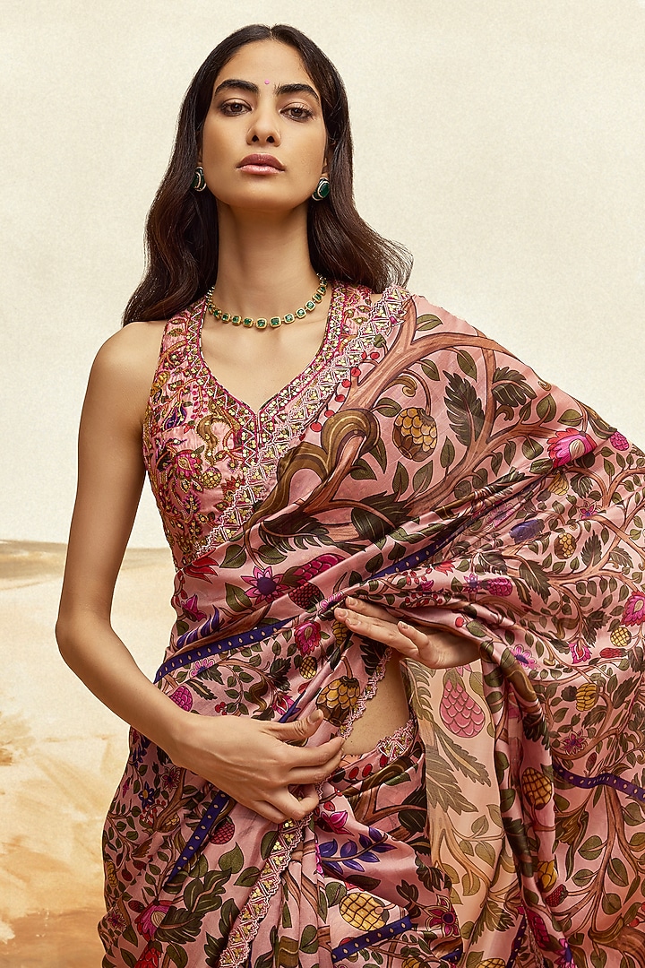 Dusky Pink Silk Floral Printed & Embroidered Wedding Saree Set by Punit Balana at Pernia's Pop Up Shop