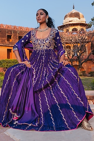 Baingani Purple Silk Chandi Tilla Work Anarkali Set by Punit Balana