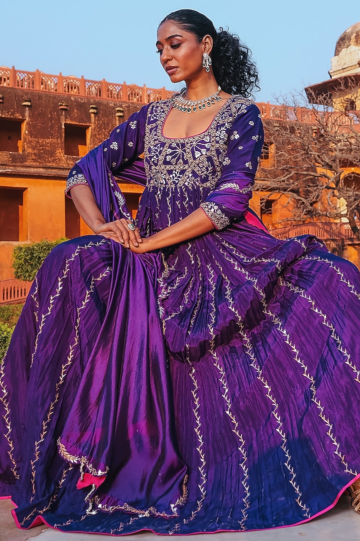 Baingani Purple Silk Chandi Tilla Work Bridal Anarkali Set by Punit Balana at Pernia's Pop Up Shop