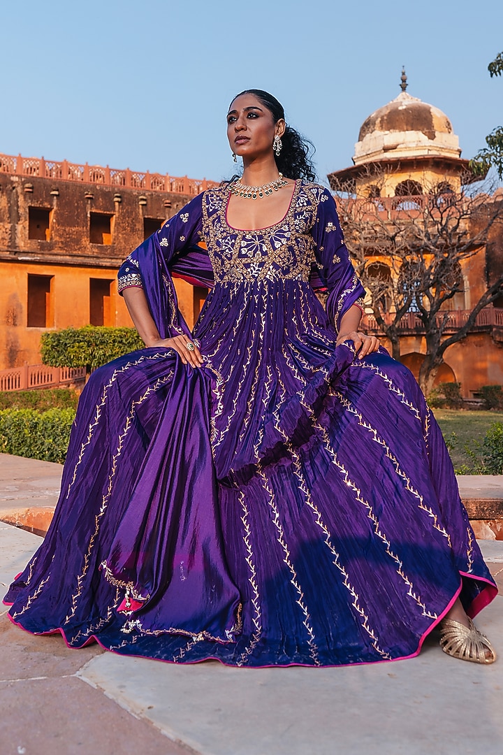 Baingani Purple Silk Chandi Tilla Work Bridal Anarkali Set by Punit Balana at Pernia's Pop Up Shop
