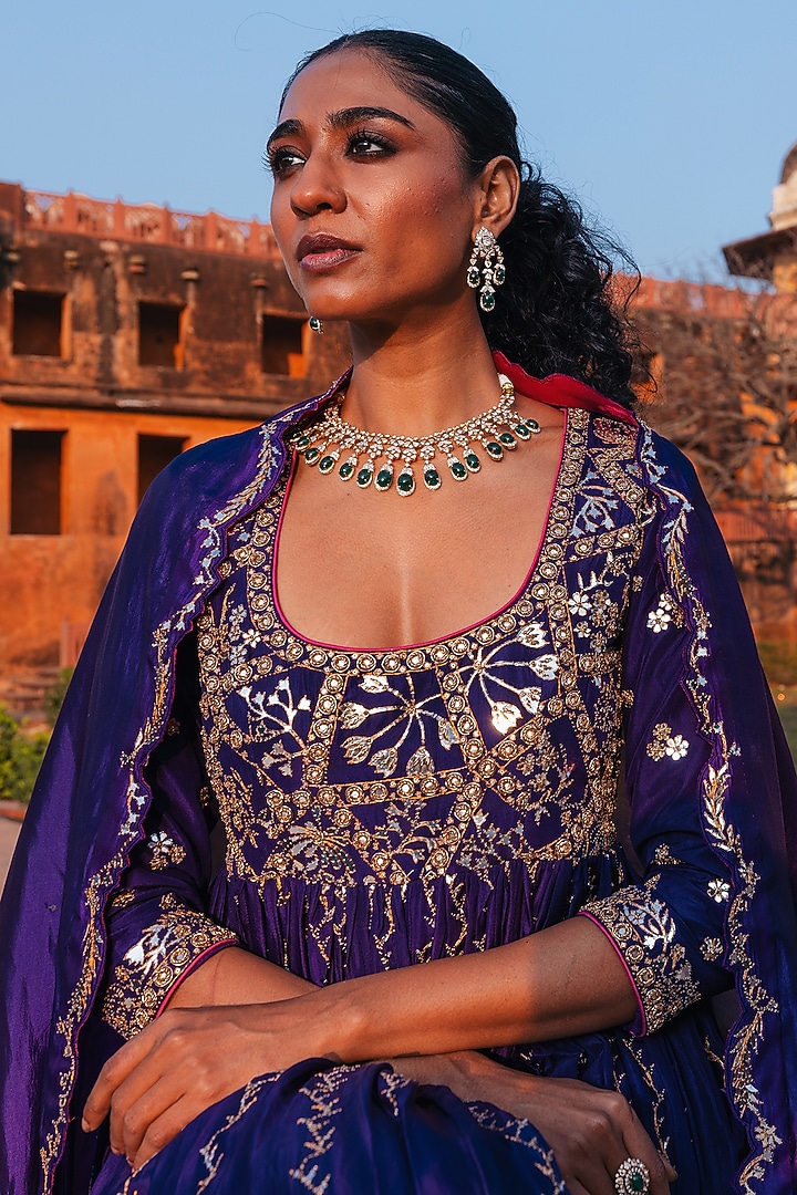 Baingani Purple Silk Chandi Tilla Work Bridal Anarkali Set by Punit Balana at Pernia's Pop Up Shop