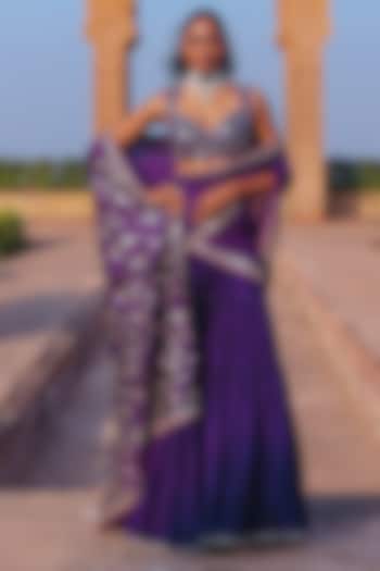 Baingani Purple Silk Chandi Tilla Work Gharara Reception Saree Set by Punit Balana at Pernia's Pop Up Shop