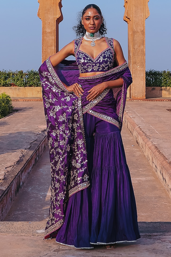 Baingani Purple Silk Chandi Tilla Work Gharara Reception Saree Set by Punit Balana at Pernia's Pop Up Shop