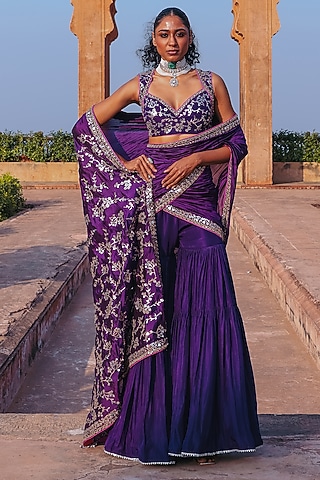 Baingani Purple Silk Chandi Tilla Work Gharara Saree Set by Punit Balana
