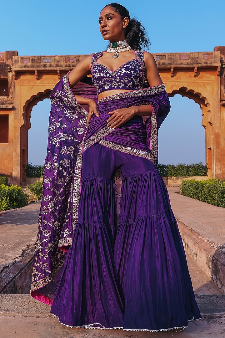 Baingani Purple Silk Chandi Tilla Work Gharara Reception Saree Set by Punit Balana at Pernia's Pop Up Shop