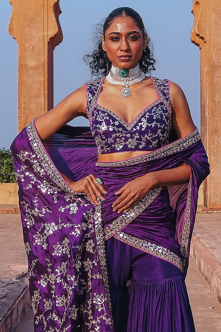 Baingani Purple Silk Chandi Tilla Work Gharara Reception Saree Set by Punit Balana at Pernia's Pop Up Shop