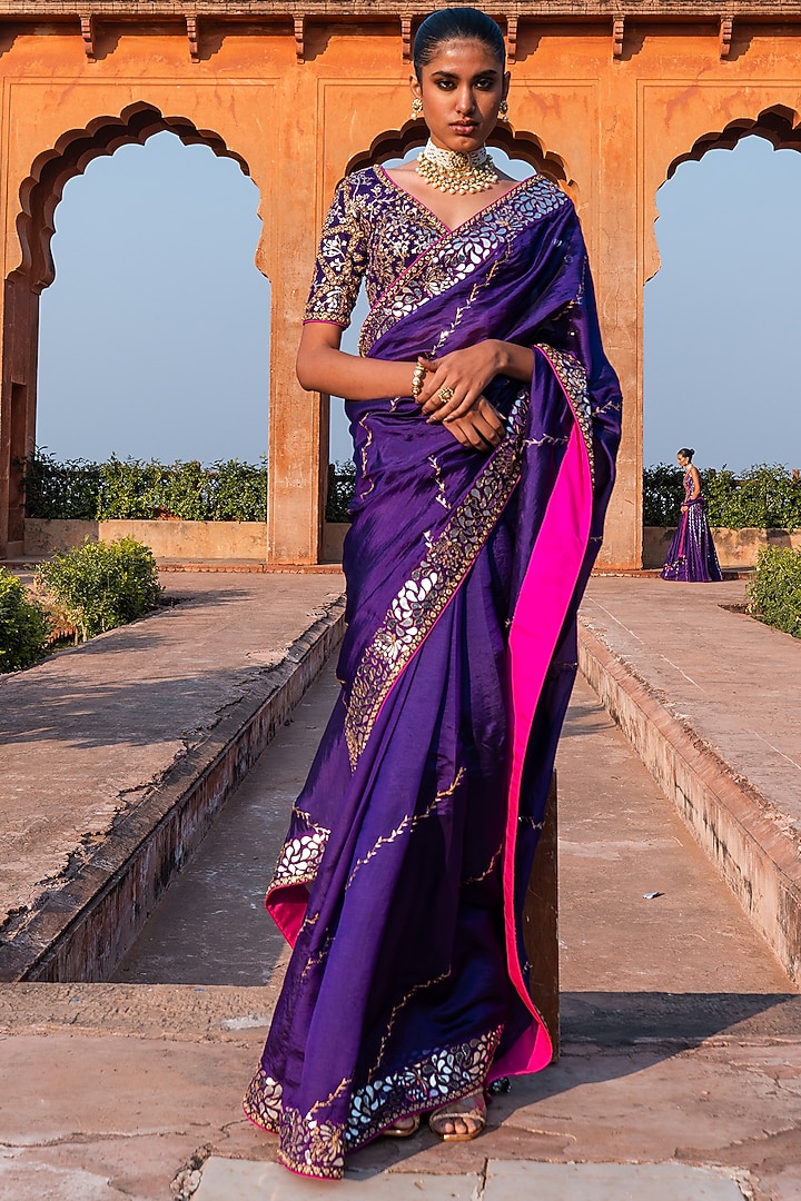 Baingani Purple Silk Organza Chandi Tilla Work Reception Saree Set by Punit Balana at Pernia's Pop Up Shop