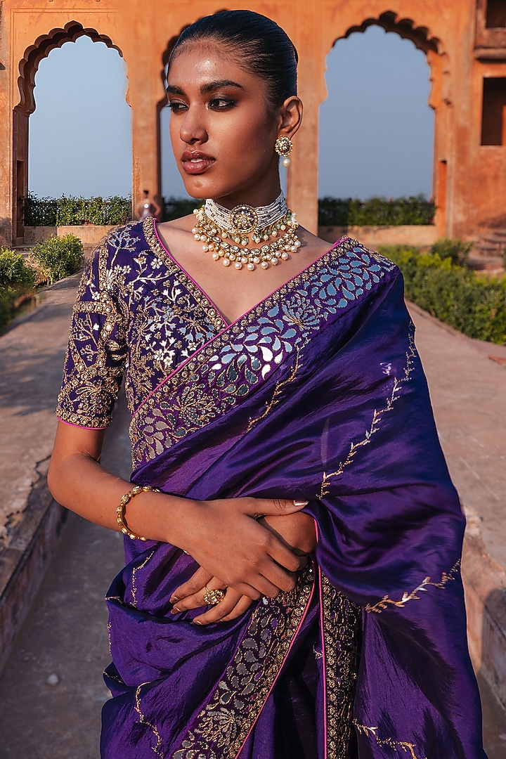 Baingani Purple Silk Organza Chandi Tilla Work Reception Saree Set by Punit Balana at Pernia's Pop Up Shop