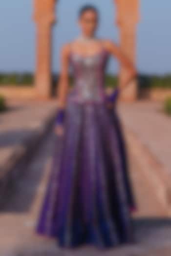 Baingani Purple Raw Silk Chandi Tilla Work Wedding Lehenga Set by Punit Balana at Pernia's Pop Up Shop