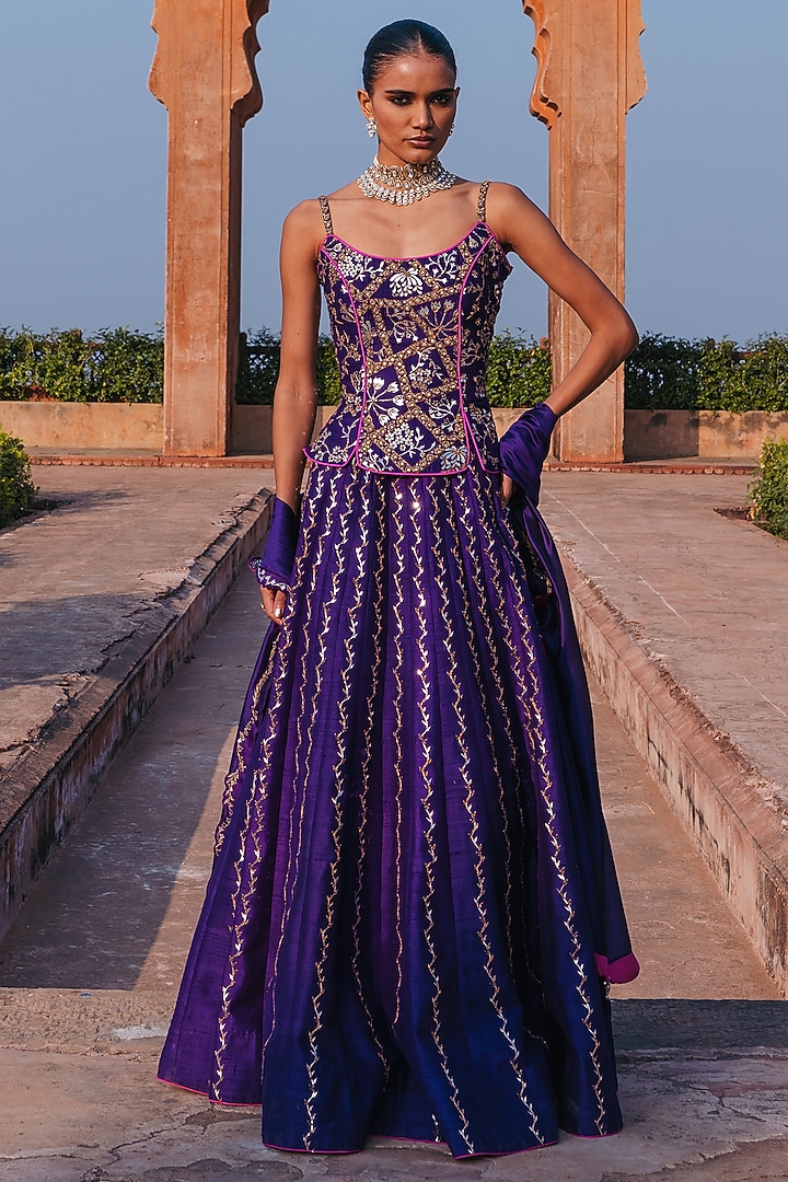 Baingani Purple Raw Silk Chandi Tilla Work Wedding Lehenga Set by Punit Balana at Pernia's Pop Up Shop