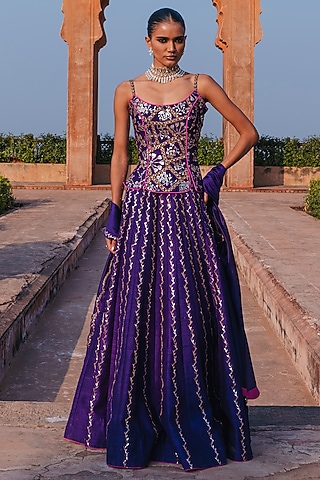 Baingani Purple Raw Silk Chandi Tilla Work Lehenga Set by Punit Balana