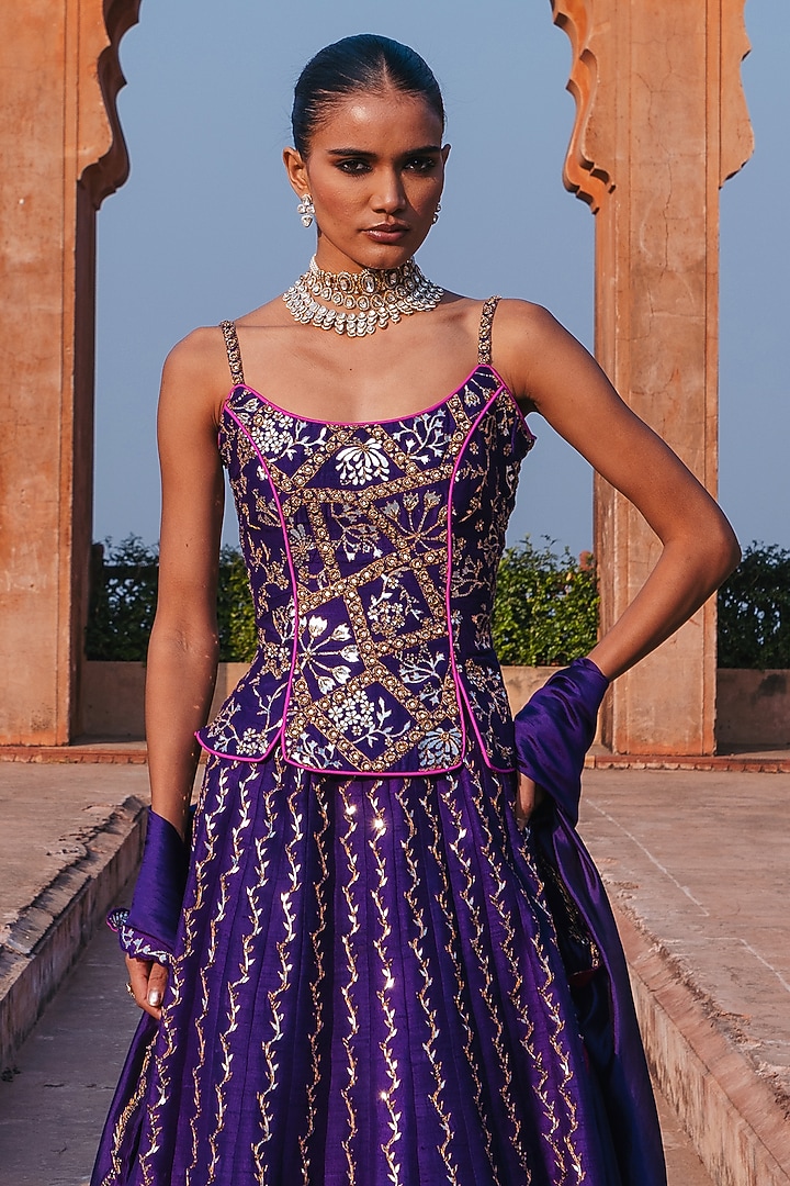 Baingani Purple Raw Silk Chandi Tilla Work Wedding Lehenga Set by Punit Balana at Pernia's Pop Up Shop