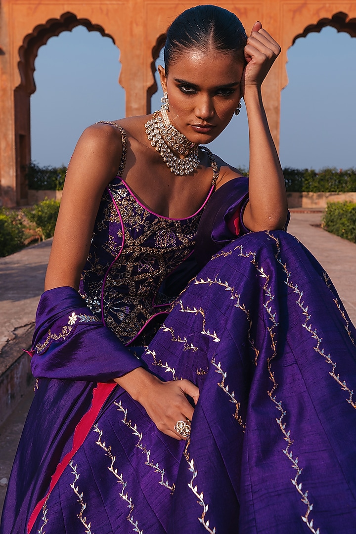Baingani Purple Raw Silk Chandi Tilla Work Wedding Lehenga Set by Punit Balana at Pernia's Pop Up Shop