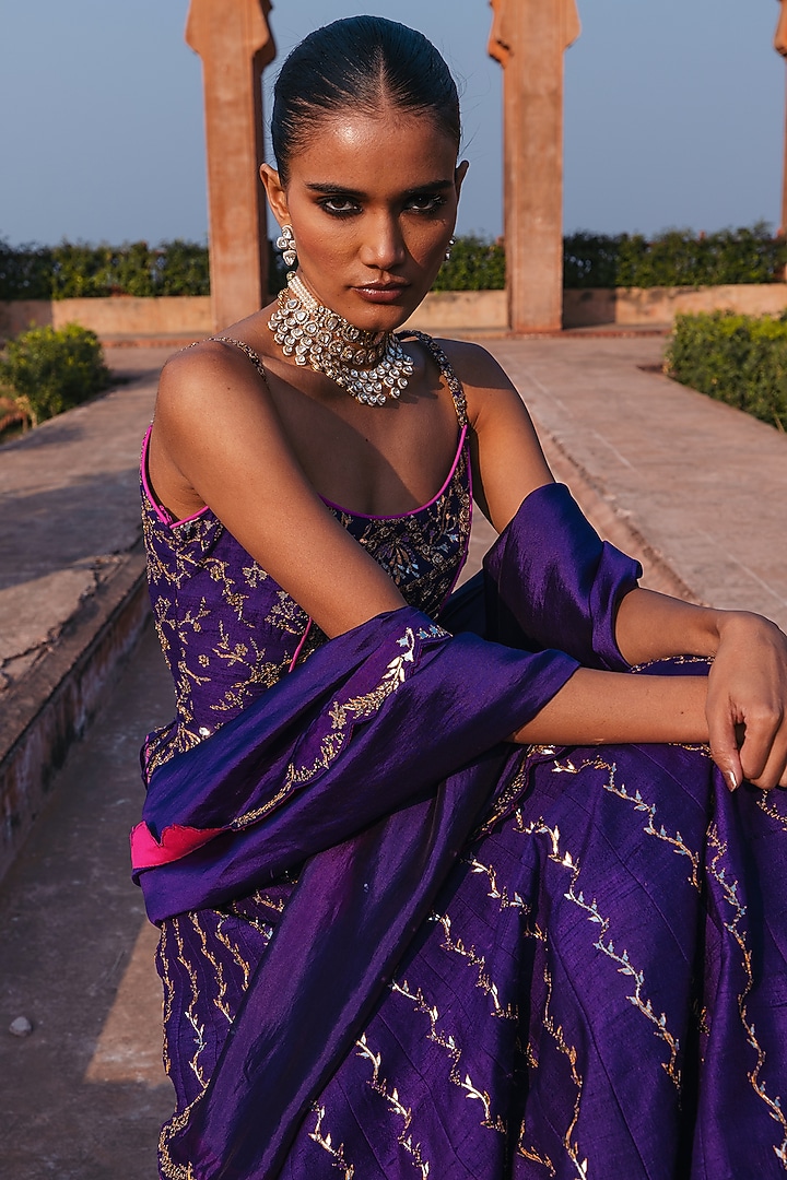 Baingani Purple Raw Silk Chandi Tilla Work Wedding Lehenga Set by Punit Balana at Pernia's Pop Up Shop