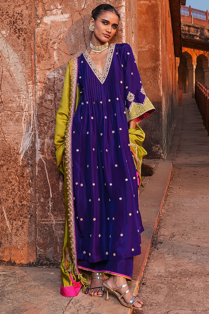 Baingani Purple Silk Marodi Work Choga Kurta Set by Punit Balana at Pernia's Pop Up Shop