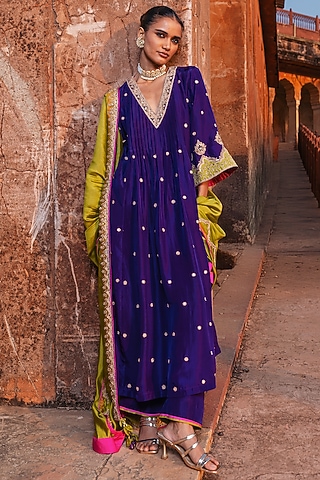 Baingani Purple Silk Marodi Work Choga Kurta Set by Punit Balana