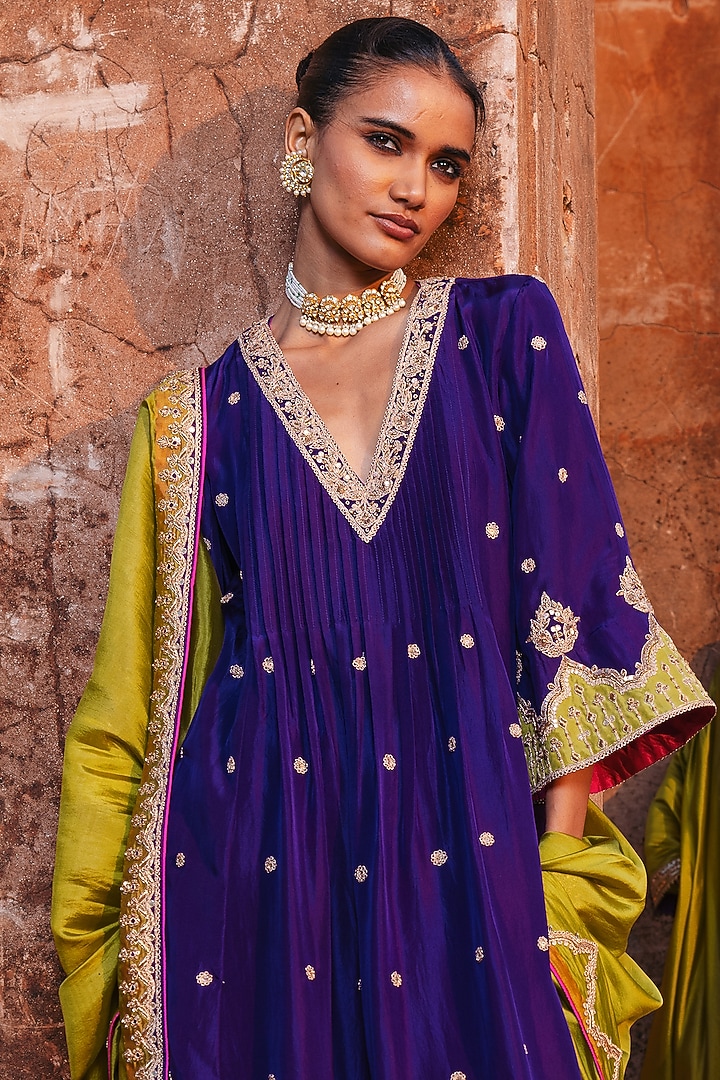 Baingani Purple Silk Marodi Work Choga Kurta Set by Punit Balana at Pernia's Pop Up Shop