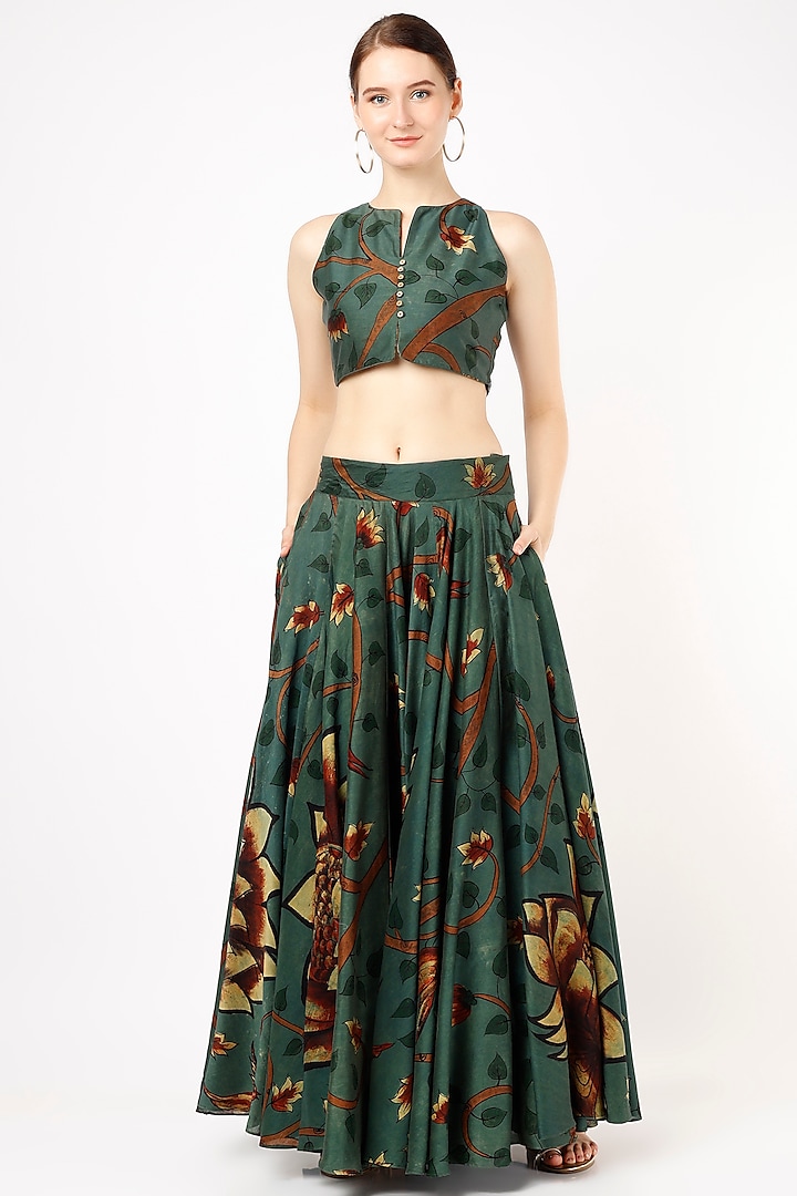 Forest Green Floral Printed Skirt Set by Punit Balana