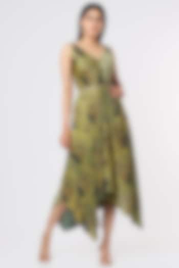 Olive Green Satin Dress by Punit Balana