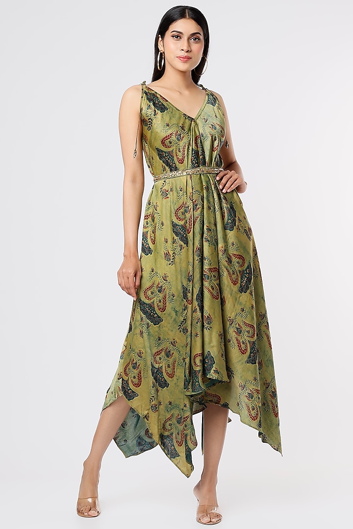 Olive Green Satin Dress by Punit Balana