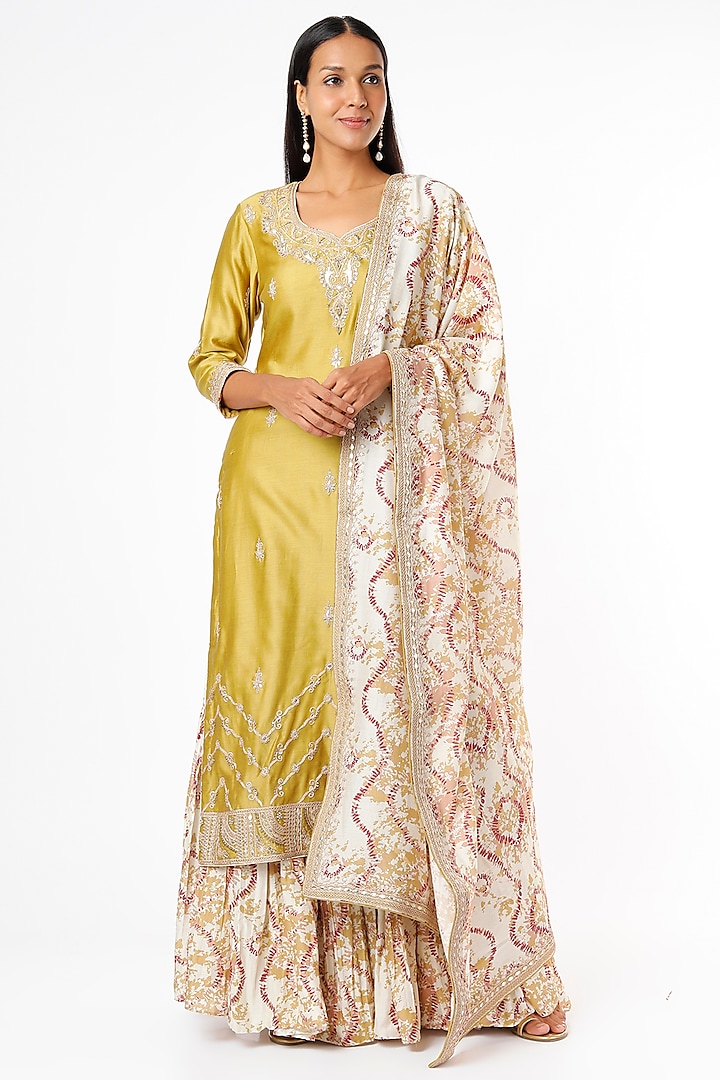 Multi-Colored Chanderi Silk Shibori Printed Gharara Set by Punit Balana
