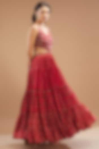 Red Silk & Organza Embroidered & Printed Asymmetric Dress by Punit Balana