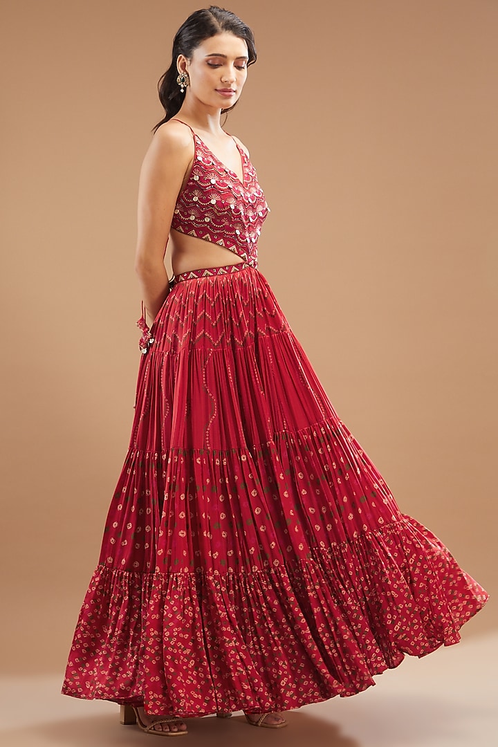 Red Silk & Organza Embroidered & Printed Asymmetric Dress by Punit Balana