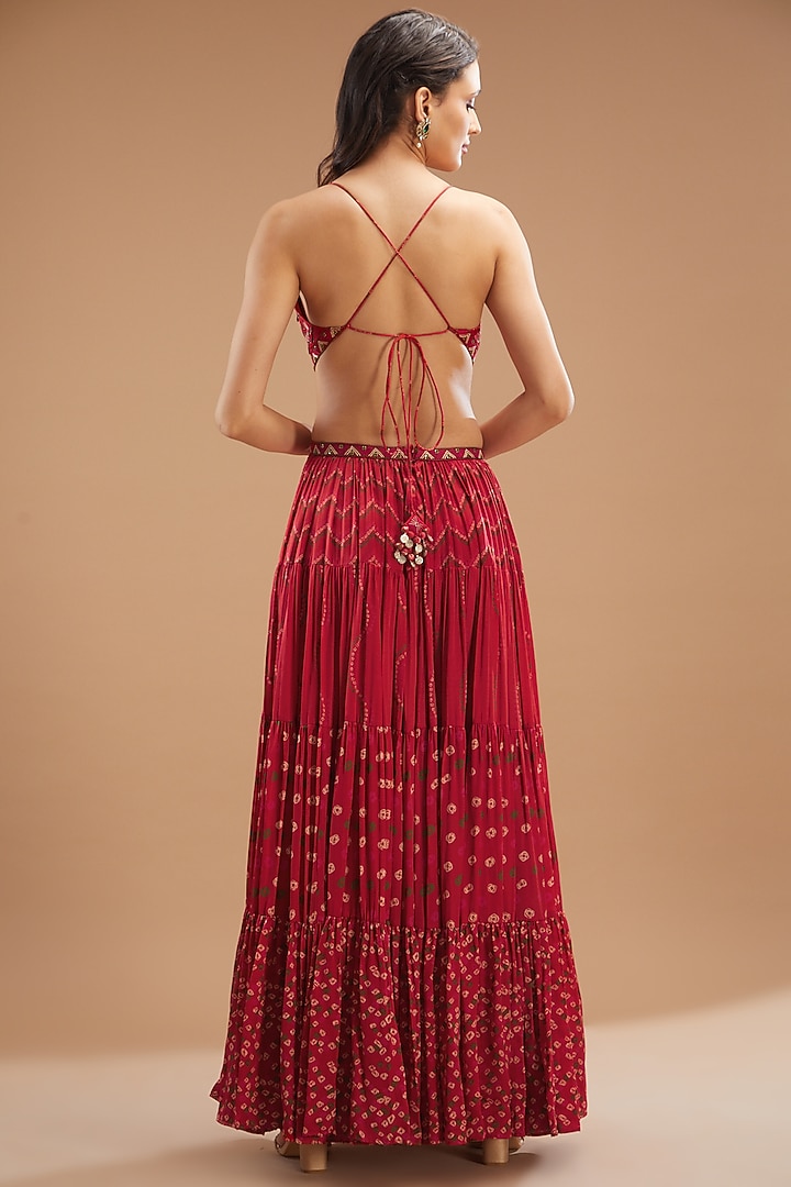 Red Silk & Organza Embroidered & Printed Asymmetric Cocktail Dress by Punit Balana at Pernia's Pop Up Shop