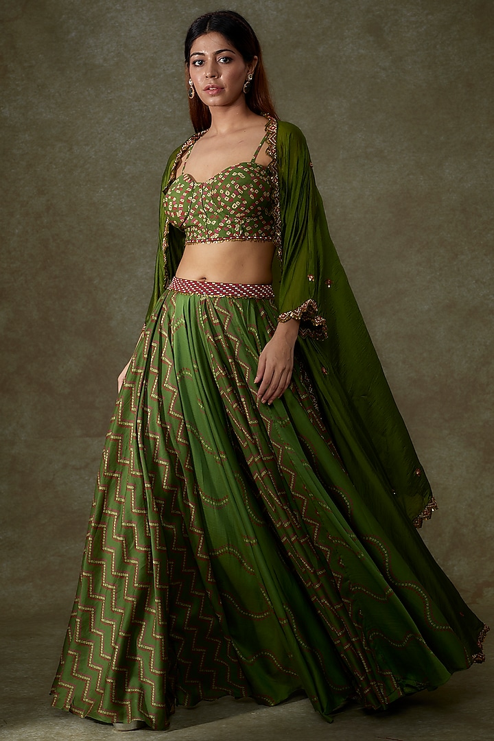 Green Chanderi Silk & Organza Silk Jacket Wedding Lehenga Set by Punit Balana at Pernia's Pop Up Shop