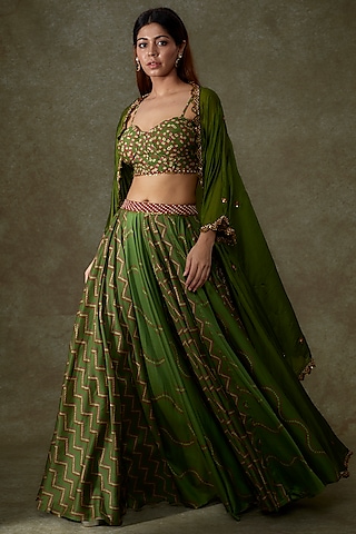 Green Chanderi Silk & Organza Silk Jacket Lehenga Set by Punit Balana