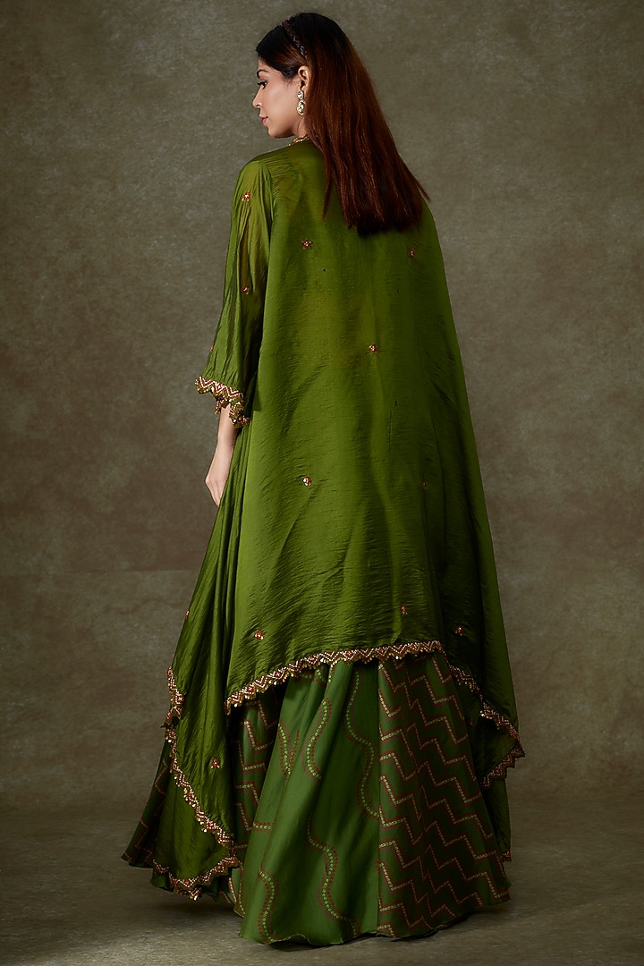Green Chanderi Silk & Organza Silk Jacket Wedding Lehenga Set by Punit Balana at Pernia's Pop Up Shop