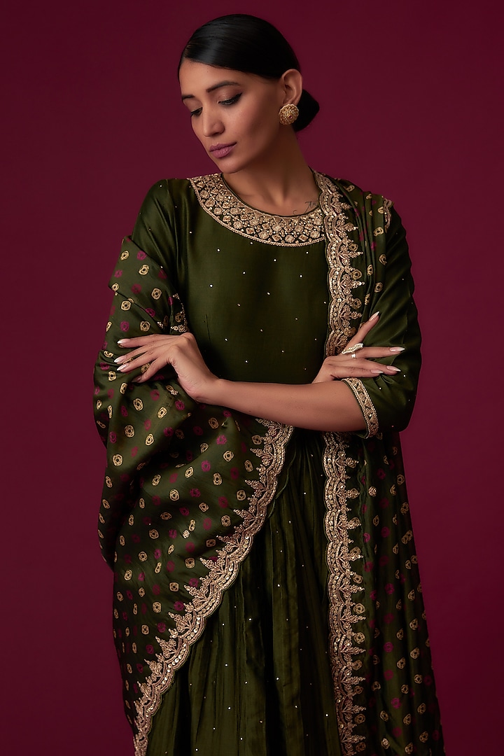 Olive Green Chanderi Silk Embroidered Wedding Anarkali Set by Punit Balana at Pernia's Pop Up Shop