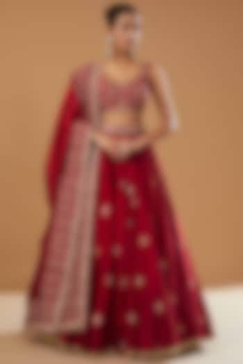 Red Banarasi Silk & Organza Silk Embroidered Wedding Lehenga Set by Punit Balana at Pernia's Pop Up Shop