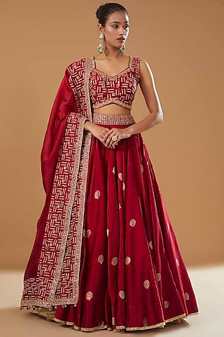 Red Banarasi Silk & Organza Silk Embroidered Lehenga Set by Punit Balana