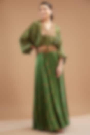 Green Satin Embroidered Skirt Set by Punit Balana