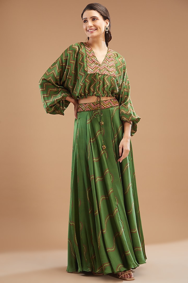 Green Satin Embroidered Skirt Set by Punit Balana