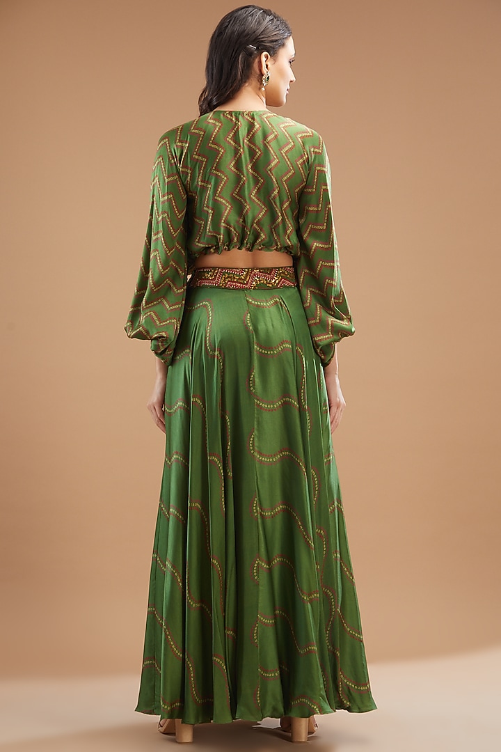 Green Satin Embroidered Skirt Set by Punit Balana at Pernia's Pop Up Shop