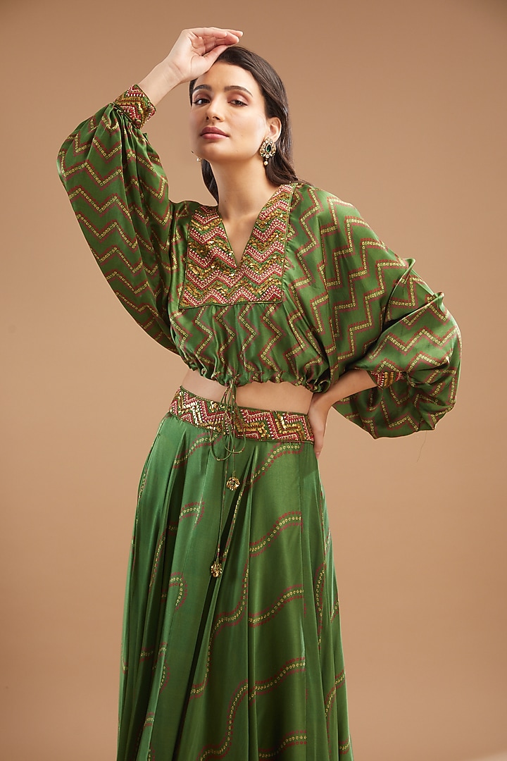 Green Satin Embroidered Skirt Set by Punit Balana at Pernia's Pop Up Shop