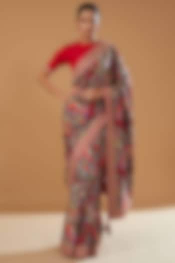 Red Satin Silk Printed Saree Set by Punit Balana