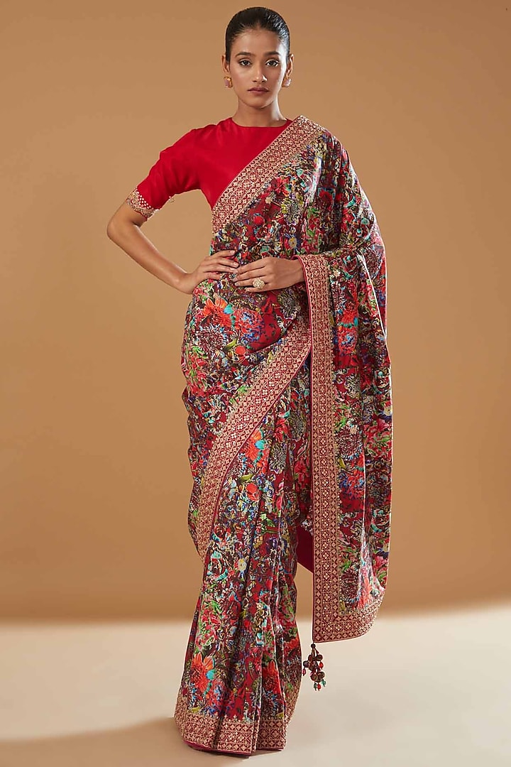 Red Satin Silk Printed Saree Set by Punit Balana