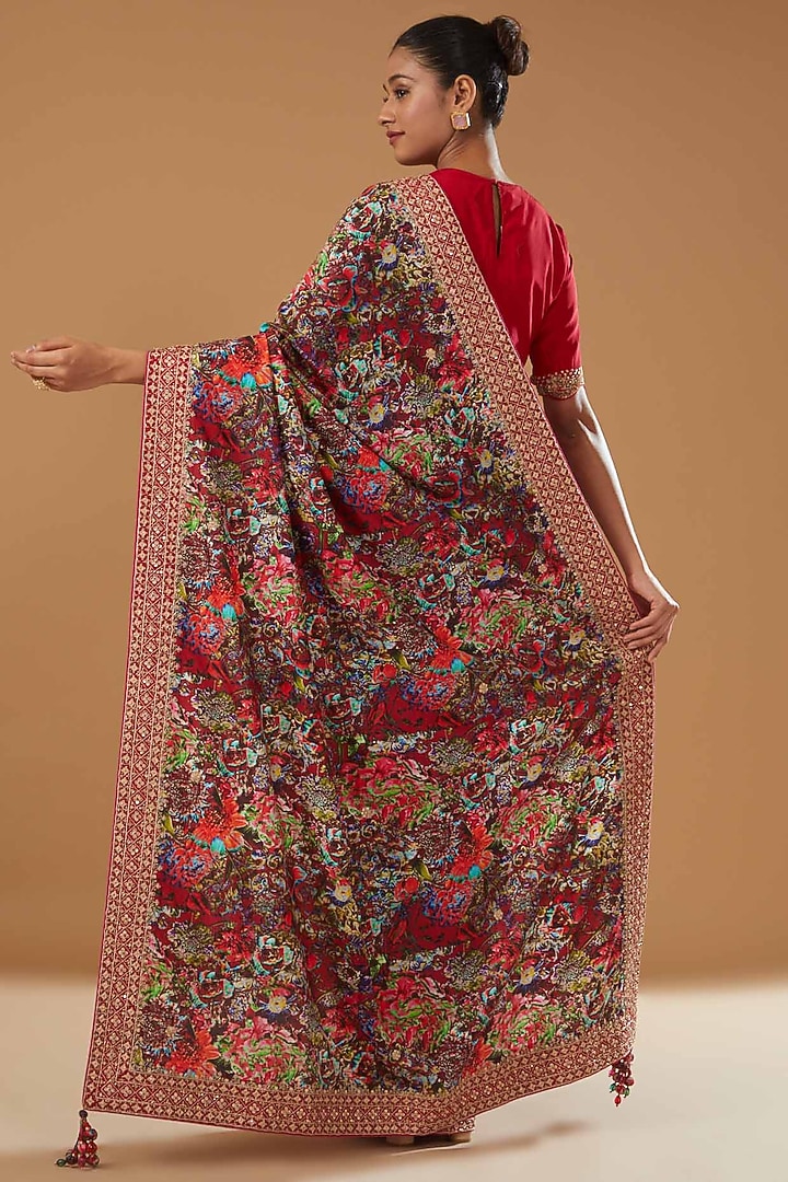 Red Satin Silk Printed Wedding Saree Set by Punit Balana at Pernia's Pop Up Shop