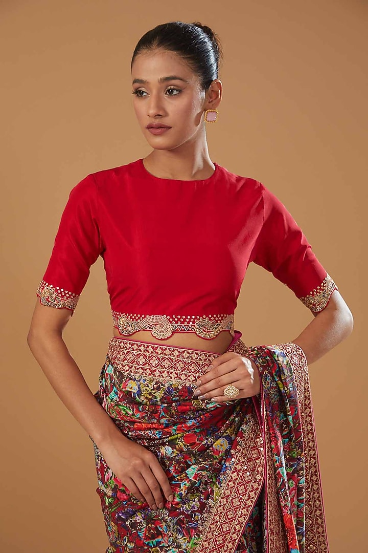 Red Satin Silk Printed Wedding Saree Set by Punit Balana at Pernia's Pop Up Shop