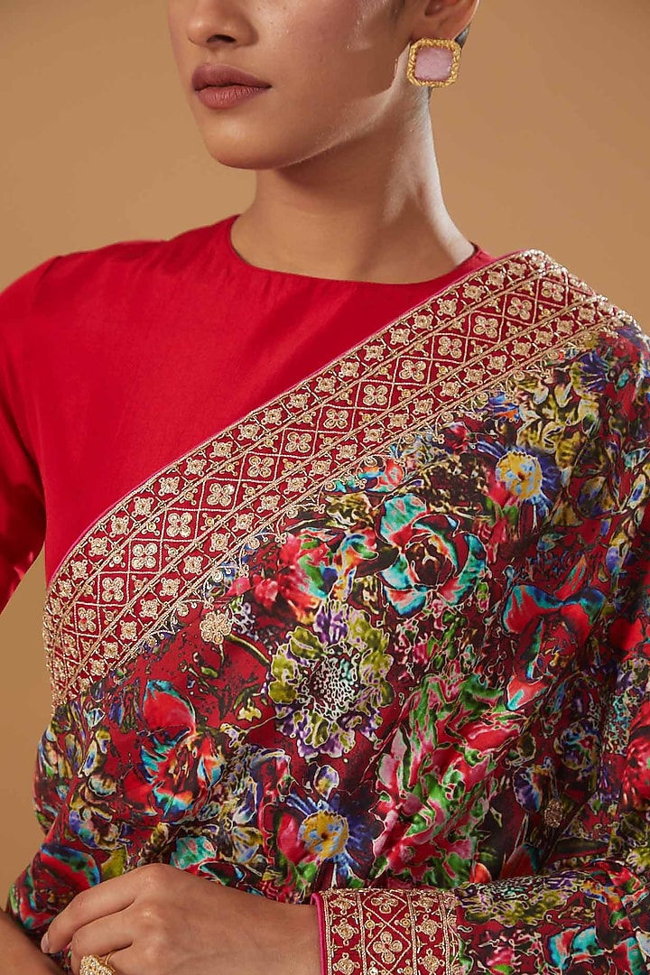 Red Satin Silk Printed Wedding Saree Set by Punit Balana at Pernia's Pop Up Shop