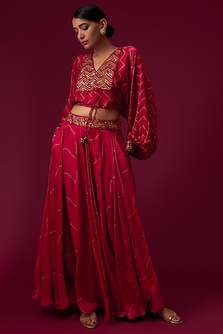 Pink Satin Embroidered Skirt Set by Punit Balana