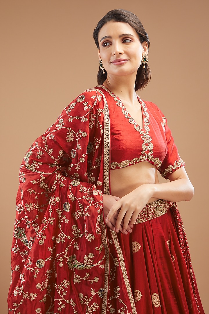 Red Banarasi Weaved Silk Embroidered Bridal Lehenga Set by Punit Balana at Pernia's Pop Up Shop