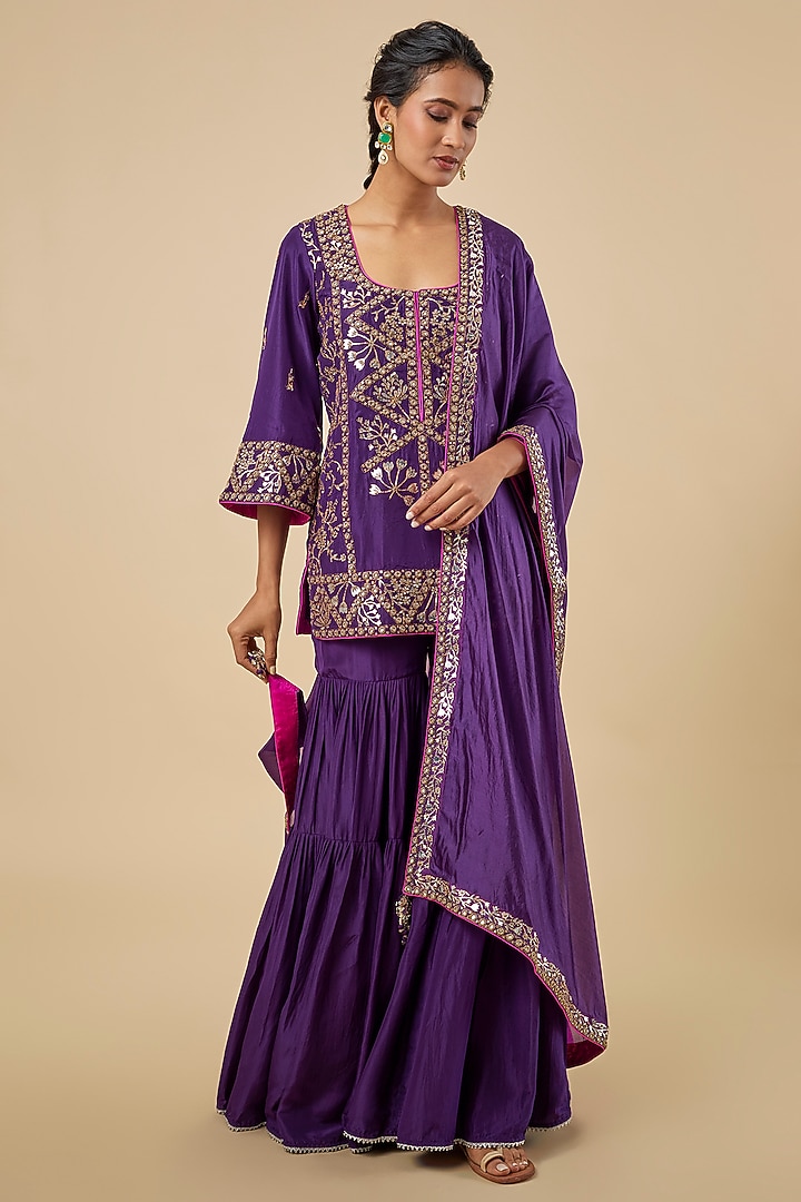 Baingan Purple Silk Gharara Set by Punit Balana at Pernia's Pop Up Shop
