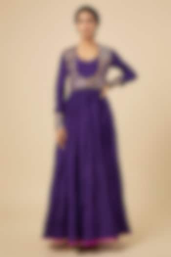 Baingan Purple Crushed Silk Wedding Anarkali With Koti by Punit Balana at Pernia's Pop Up Shop