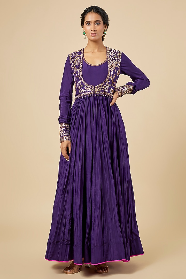 Baingan Purple Crushed Silk Wedding Anarkali With Koti by Punit Balana at Pernia's Pop Up Shop