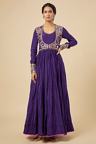 Baingan Purple Crushed Silk Anarkali With Koti by Punit Balana