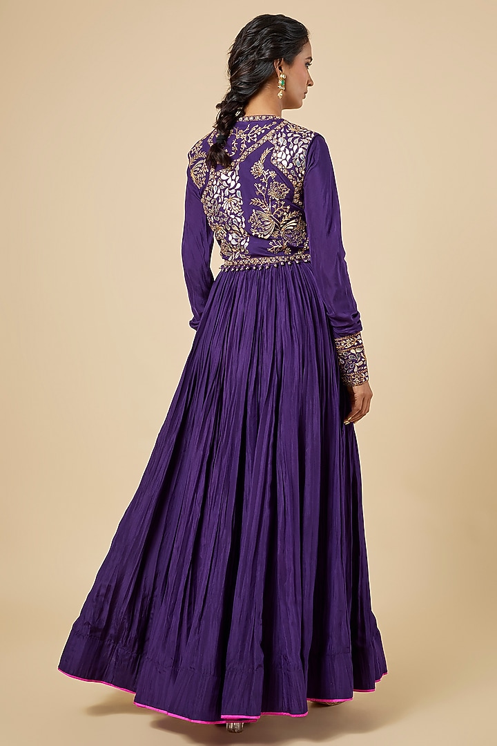 Baingan Purple Crushed Silk Wedding Anarkali With Koti by Punit Balana at Pernia's Pop Up Shop